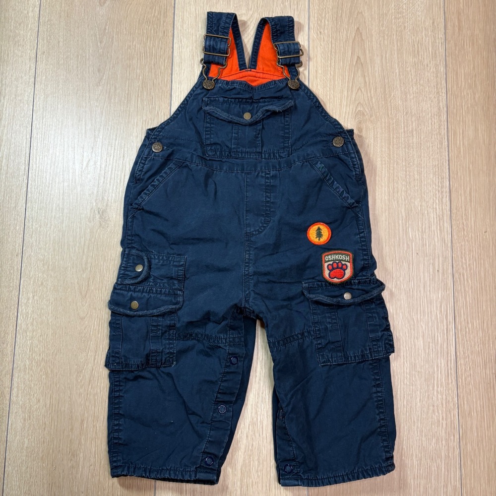 OshKosh Bgosh Navy Blue Orange Lined Cargo Overalls 12 Months Vestbak Patches